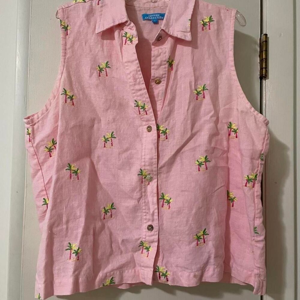 Cotton Collection pink linen tropical embroidery tank top